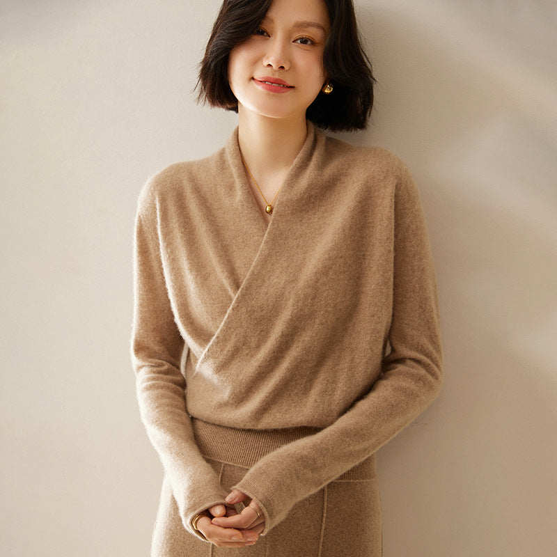 Women's Solid Color V-neck Cross Cashmere Sweater Top