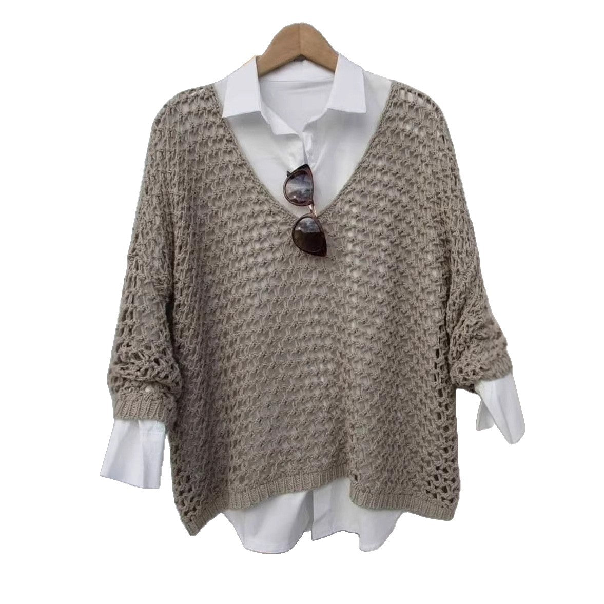 Relaxed-style Hollow-out Knit Sweater Womens Loose-fitting Oversized V-neck Pullover