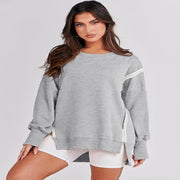 Frayed Hem Split Patchwork Long Sleeve Sweater