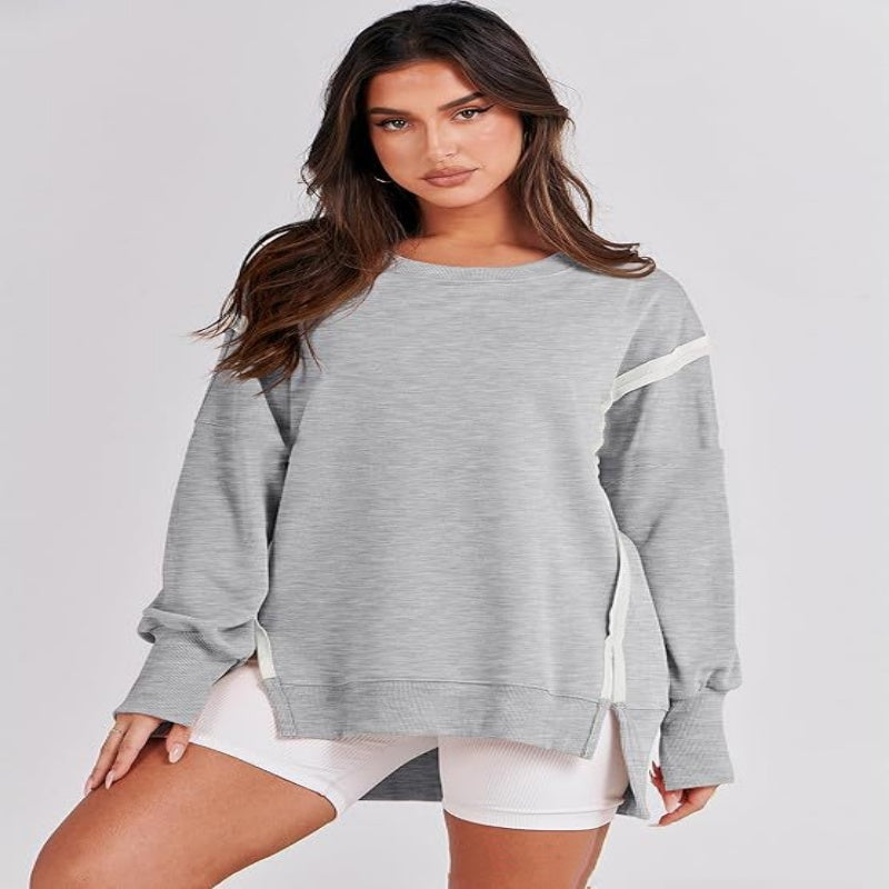 Frayed Hem Split Patchwork Long Sleeve Sweater