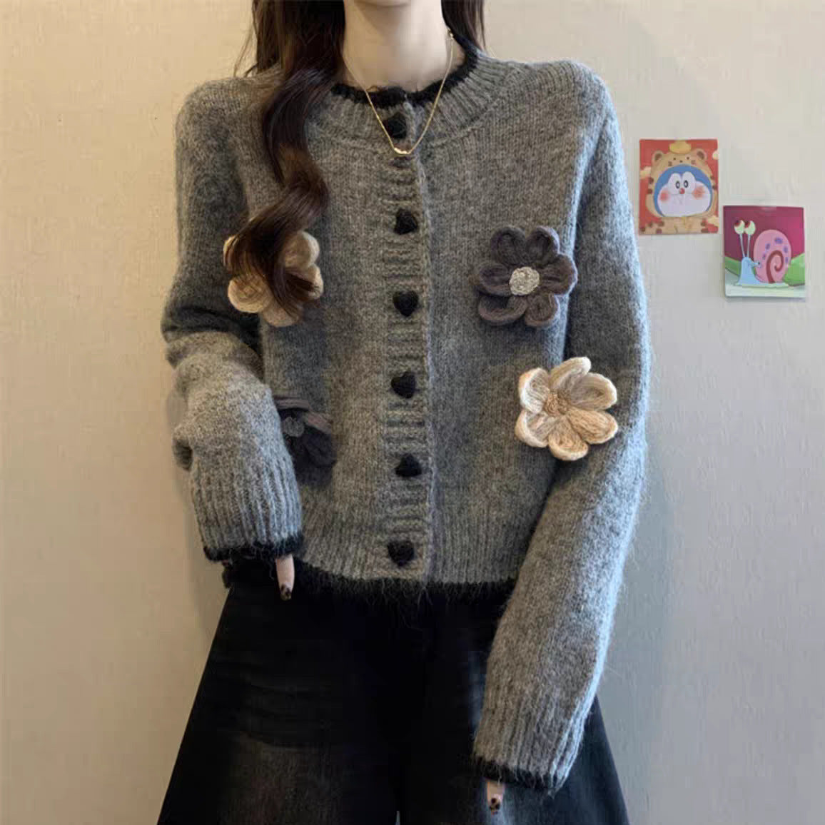 French Style Temperament Flower Round Neck Sweater Short Knitted Cardigan