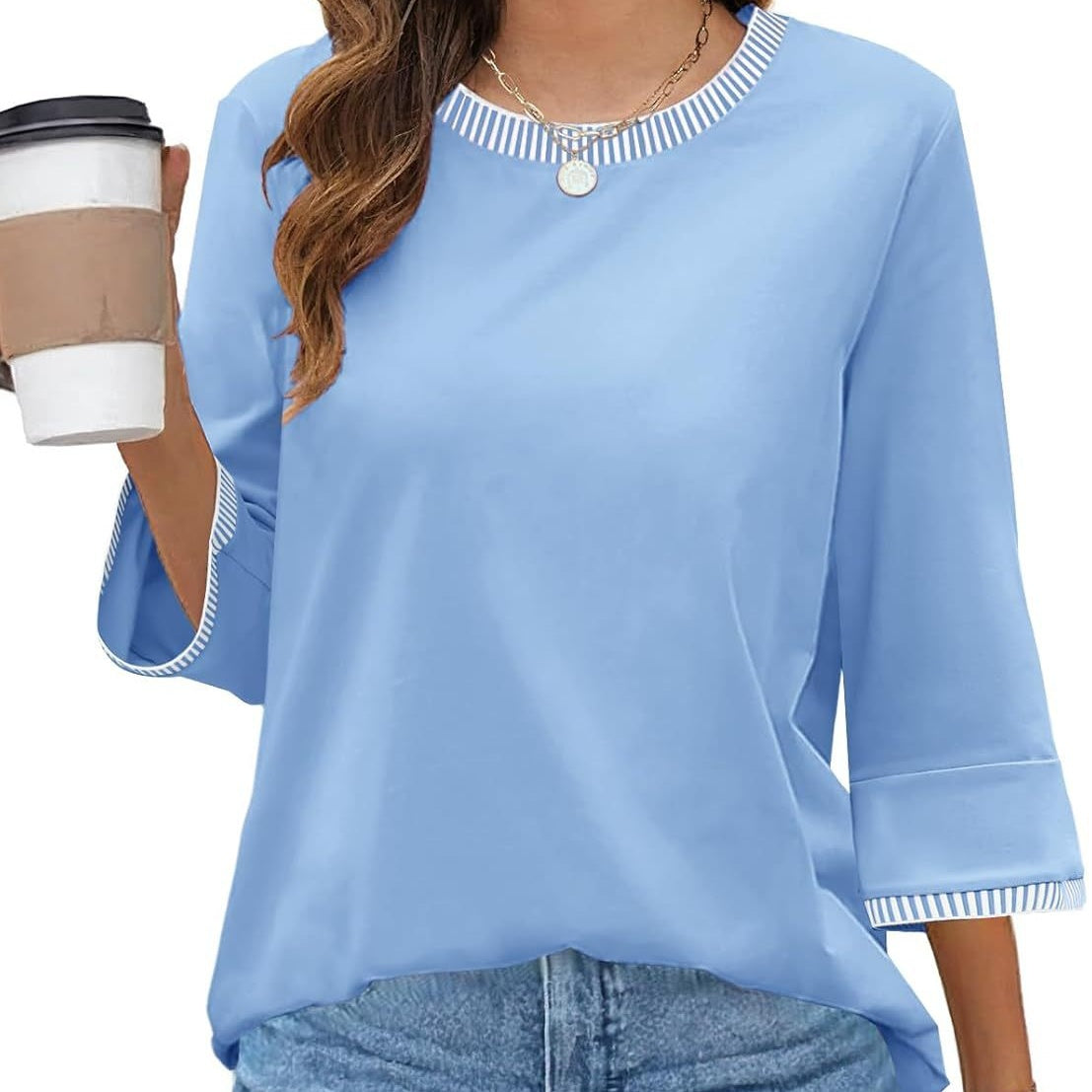Women's Contrast Color Thread Round Neck Top Solid Color