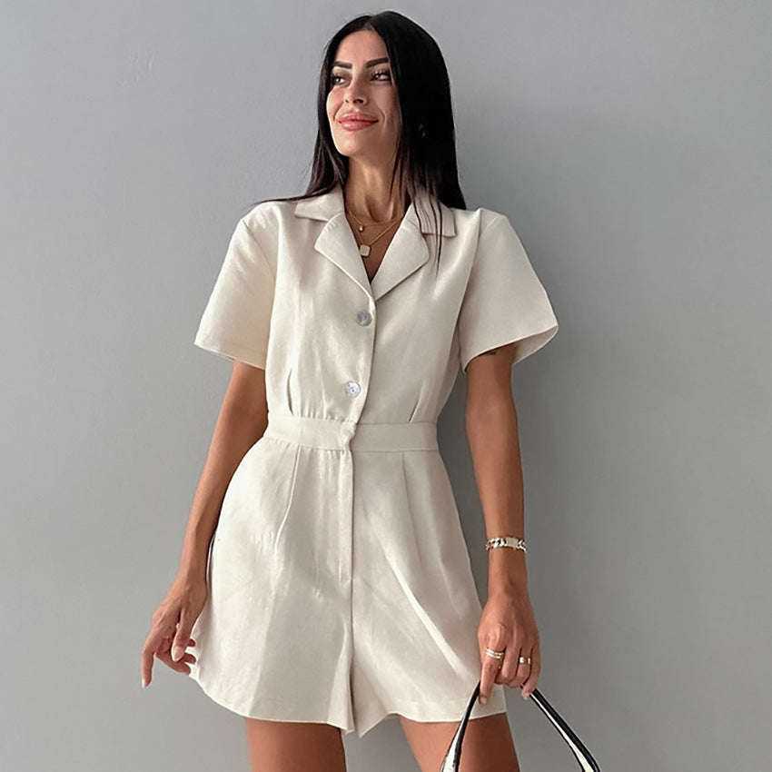 Solid Color Casual Linen Wide-Leg Jumpsuit