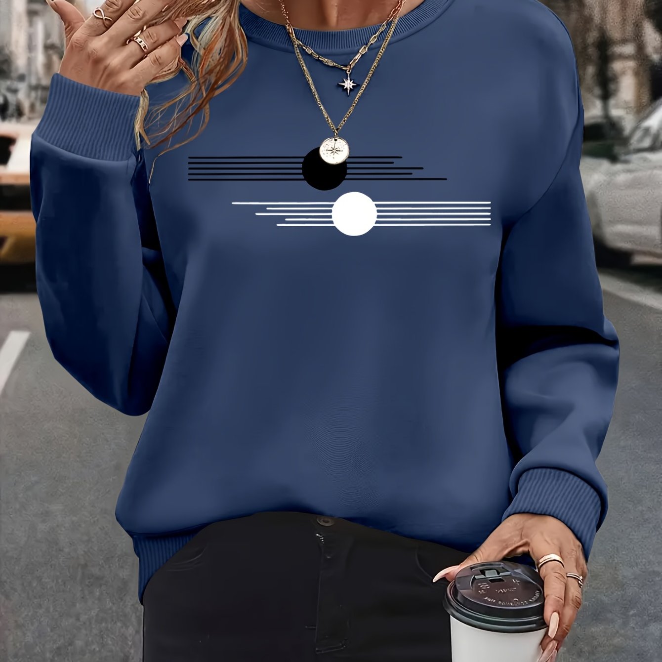 Women's Plus Size Oversized Long Sleeve Crew Neck Sweatshirt with Geometric Pattern