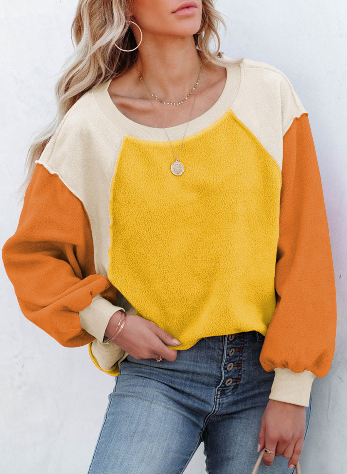 Cozy Colorblock Fleece Lantern Sleeve Pullover Top
