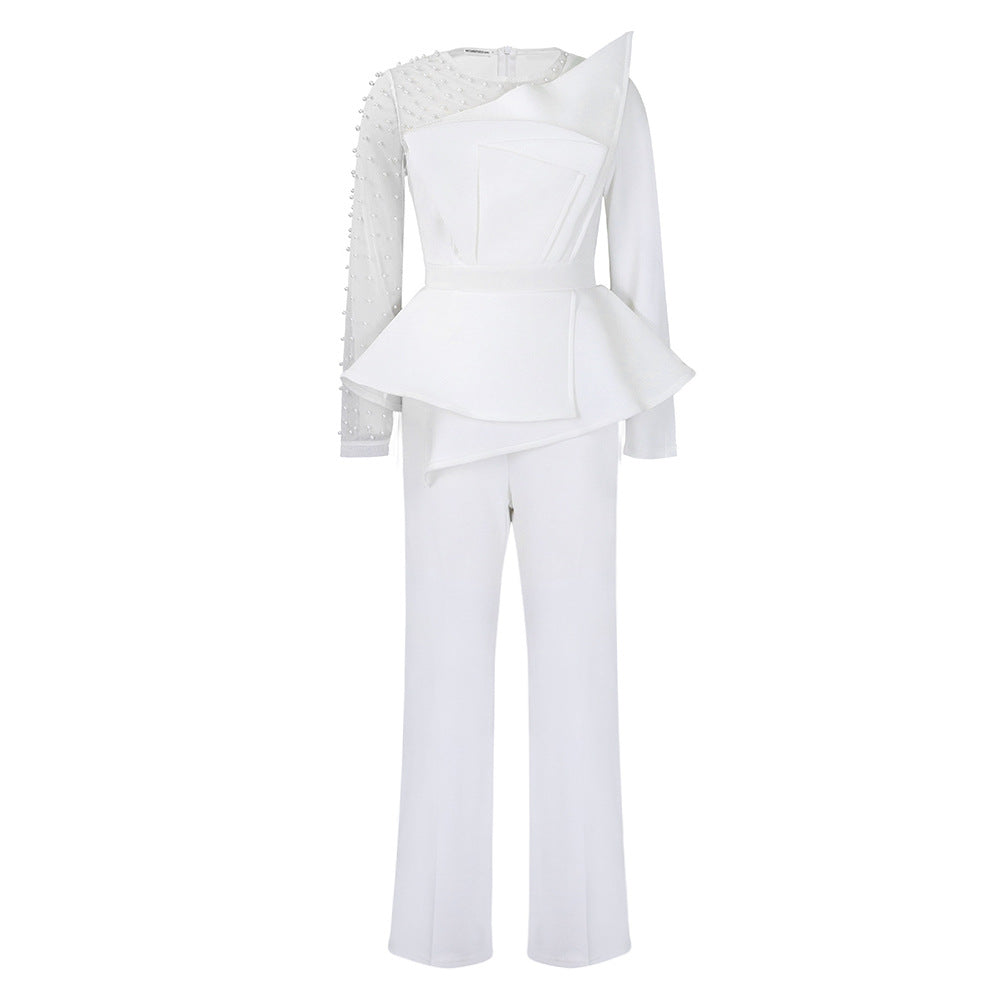 Plus Size Mesh Splicing Beaded Banquet Jumpsuit