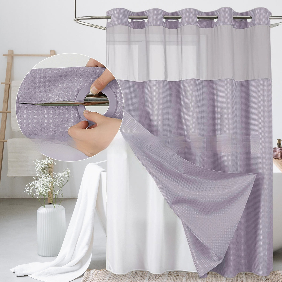 Solid-color Waffle-patterned Double-layer Large-loop-lined Shower Curtain