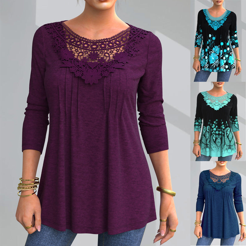 Women's Plus Size Lace Long Sleeve Loose Autumn T-Shirt