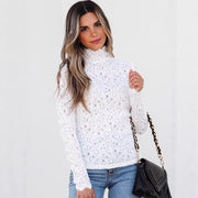 Womens Fashionable Lace Long-Sleeve Solid-Color Pullover Turtleneck Base Layer Shirt