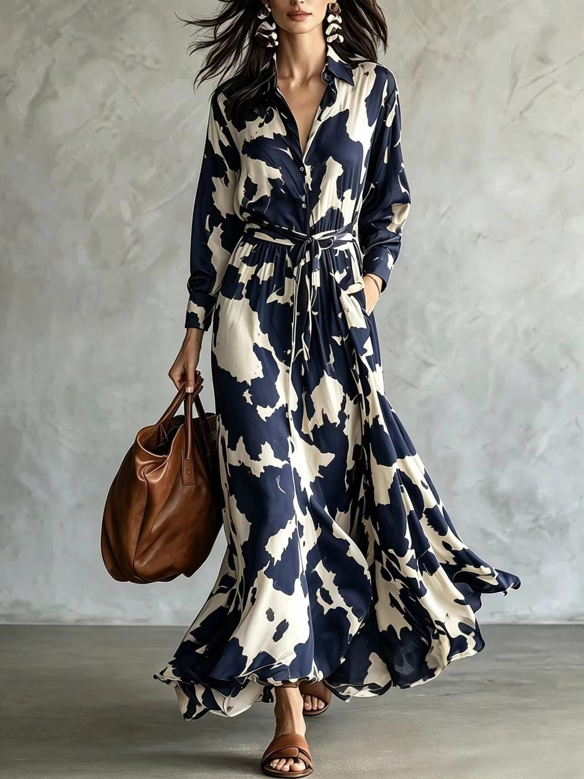 Chic Cow Print Long Sleeve Maxi Dress with Cinch Waist