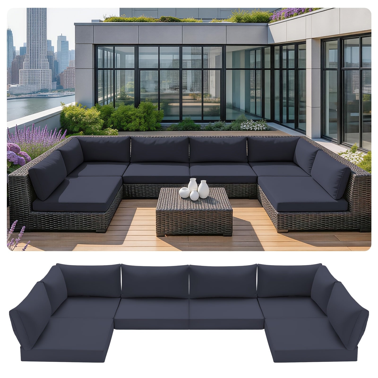 Outdoor Sectional Cushions, 14pcs Replacement Cushions for Patio Furniture, Water-Resistant Outdoor Sofa Cushion for 6-Seat Sectional Rattan Conversation Set