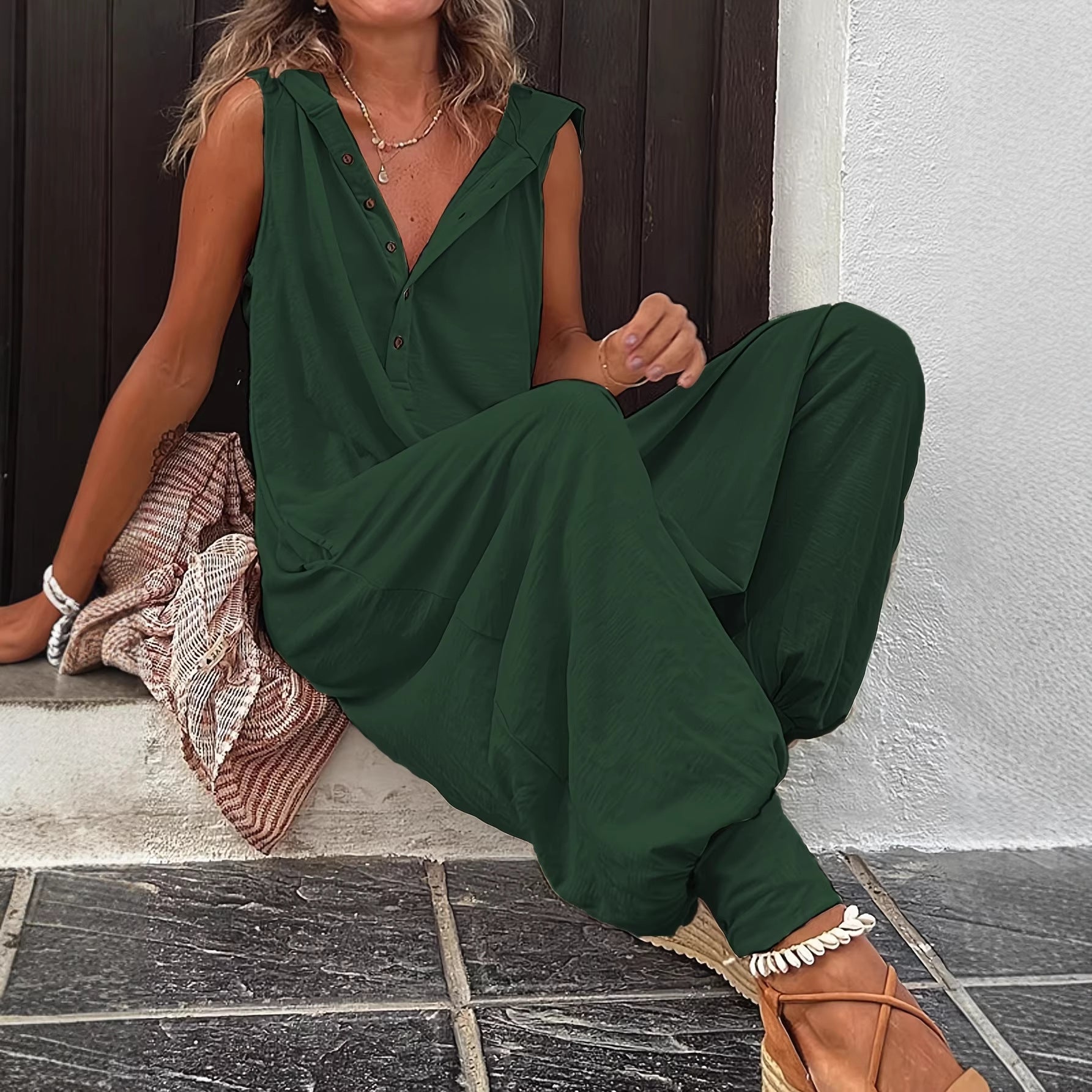 Women's Casual Hooded Jumpsuit with Drawstring Cuffs