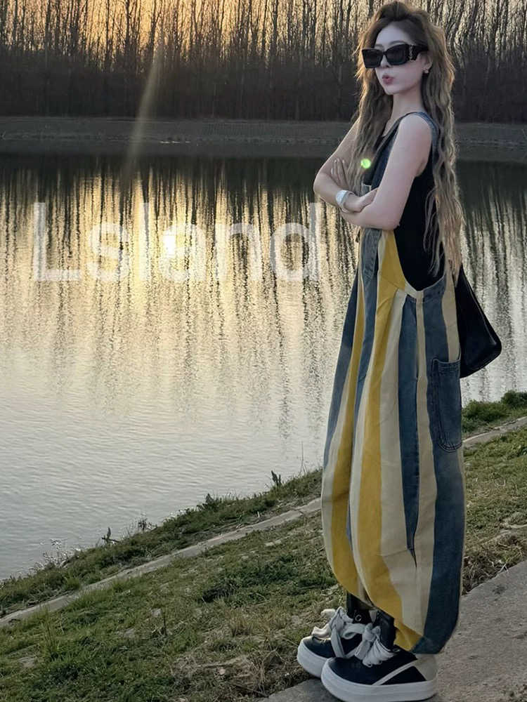 Vintage Stripe Suspender Pants Women's Loose Cotton Denim Jumpsuit