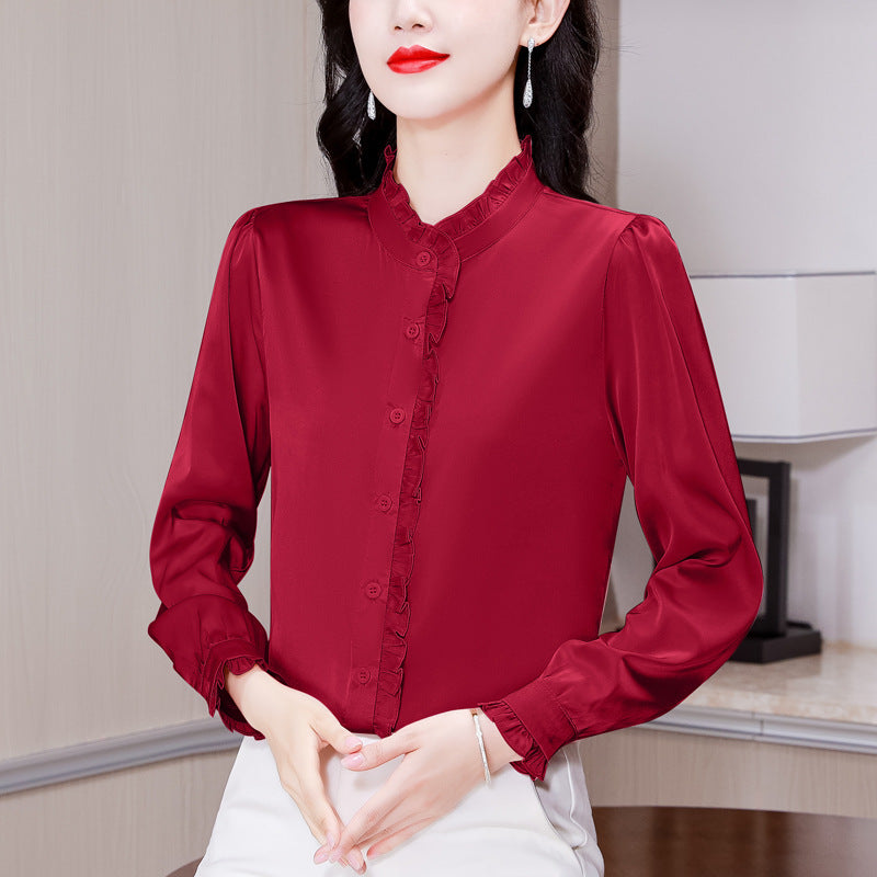 Temperament Long Sleeve Stringy Selvedge Stand Collar Top