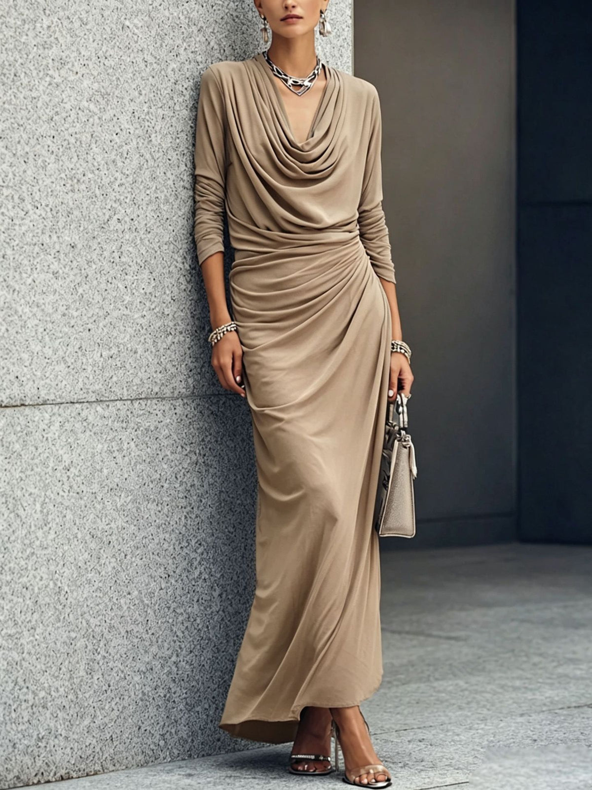 Women's Draped Boat-neck Long-sleeve Dress
