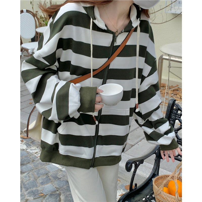 Women's Striped Hooded Zipper Cardigan Loose Sweater