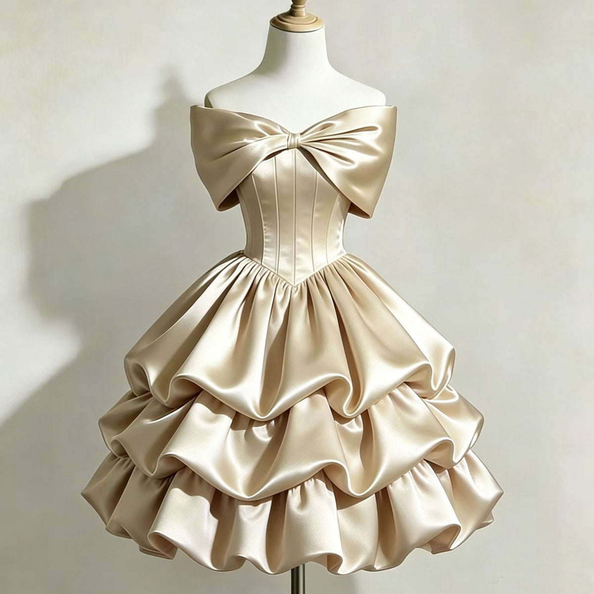 One-shoulder Satin Puff Skirt with a Bow Short-length Waist-cinching Designperfect for Everyday Wear