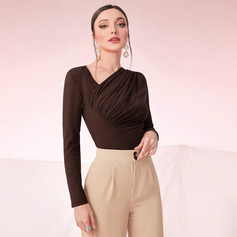 Slim-Fit Pleated Long-Sleeve Blouse – Elegant Coffee Brown