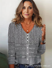 Spring And Autumn New Pattern Print V-neck Top