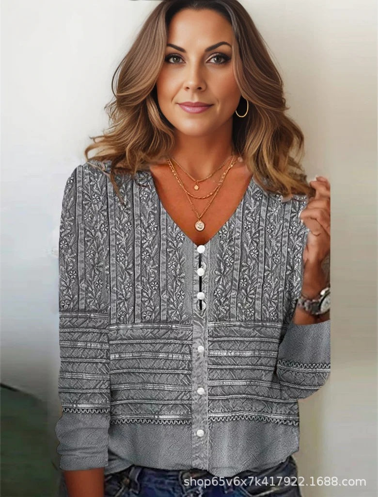 Spring And Autumn New Pattern Print V-neck Top