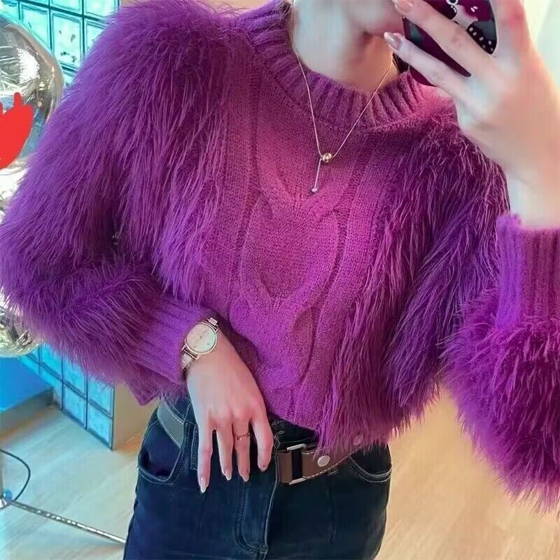 Loose-fitting, Outerwear Mink-wool Solid-color Sweater for Women