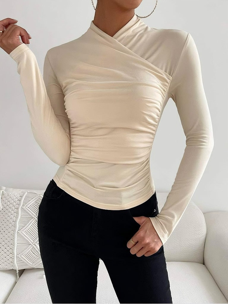 Cross Collar Pleated Slim Long Sleeve Top