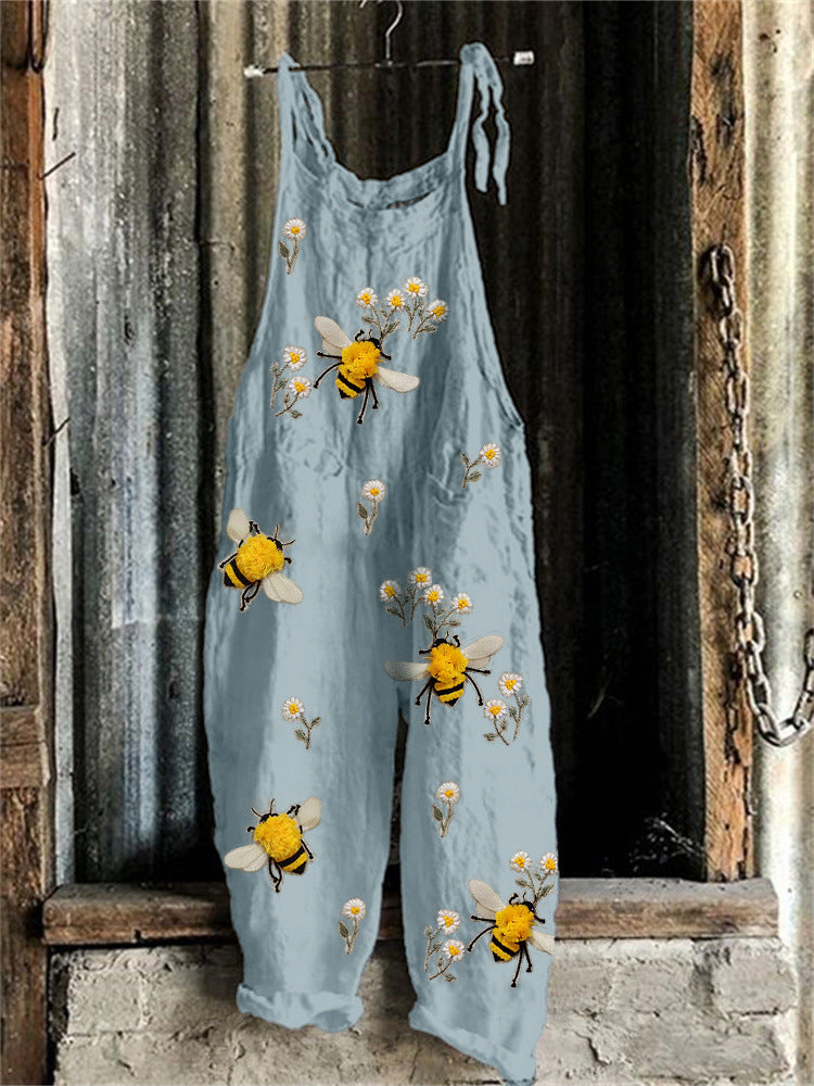 Vintage Sweet Print Loose Suspender Pants for Women