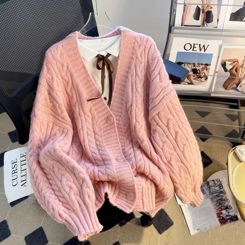 Womens Solid-color Loose Soft Textured Cable-knit Sweater Jacket