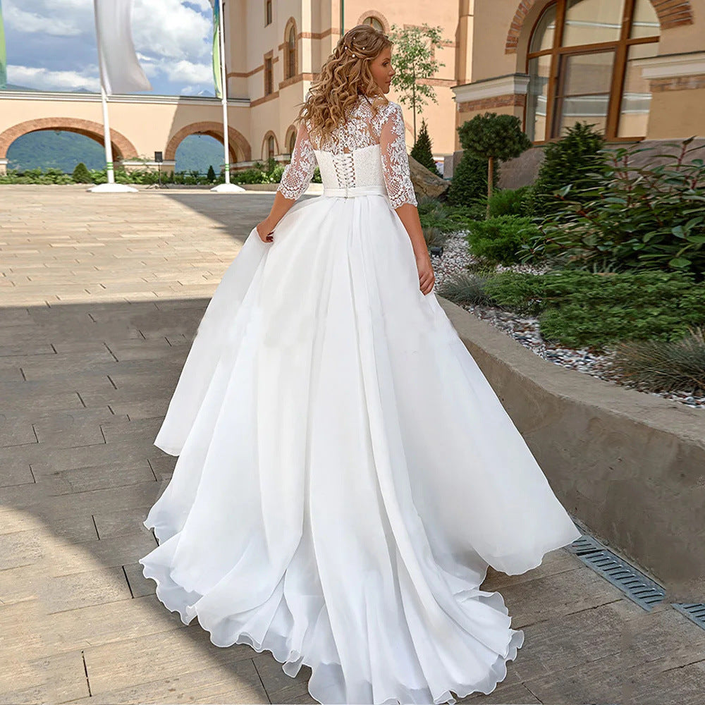 Plus-Size Lace V-Neck Wedding Dress with 3/4 Sleeves