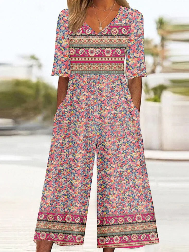 Women's Floral Print Long Sleeve Pocket Jumpsuit