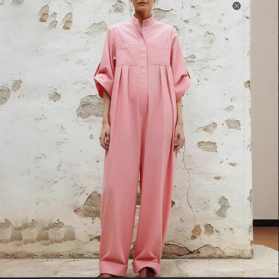 Solid-color Minimalist Pleated Loose-fitting Jumpsuit