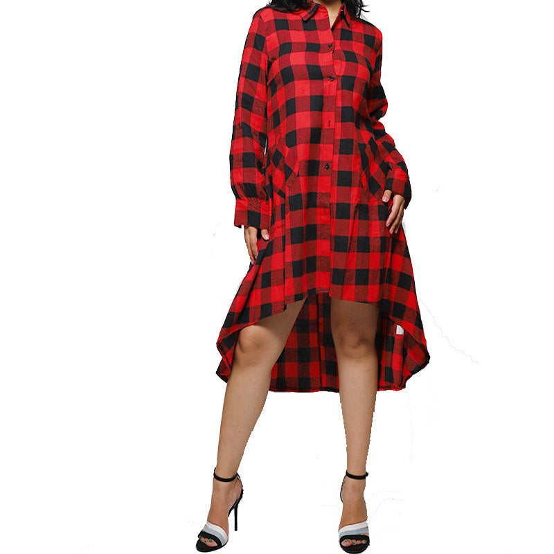 Boyfriend Style Casual Pocket Long Sleeve Plaid Polo Shirt Irregular Coat