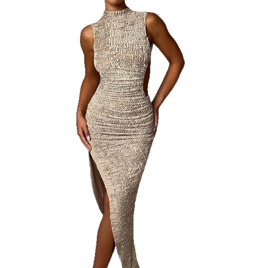 European and American-style Fashionable Vest-textured Backless Slit Bodycon Dress for Women