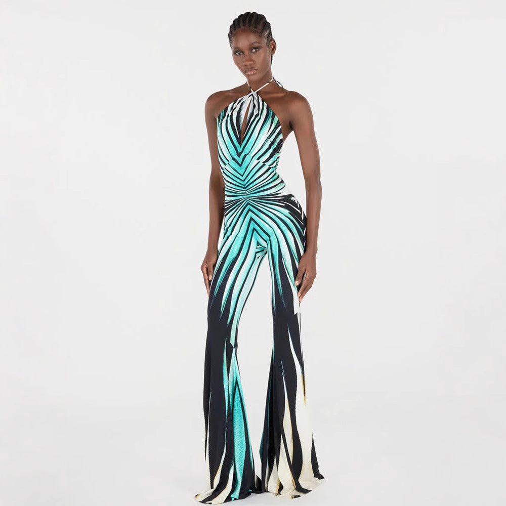 Chic Halter Neck Backless Printed Wide-Leg Jumpsuit