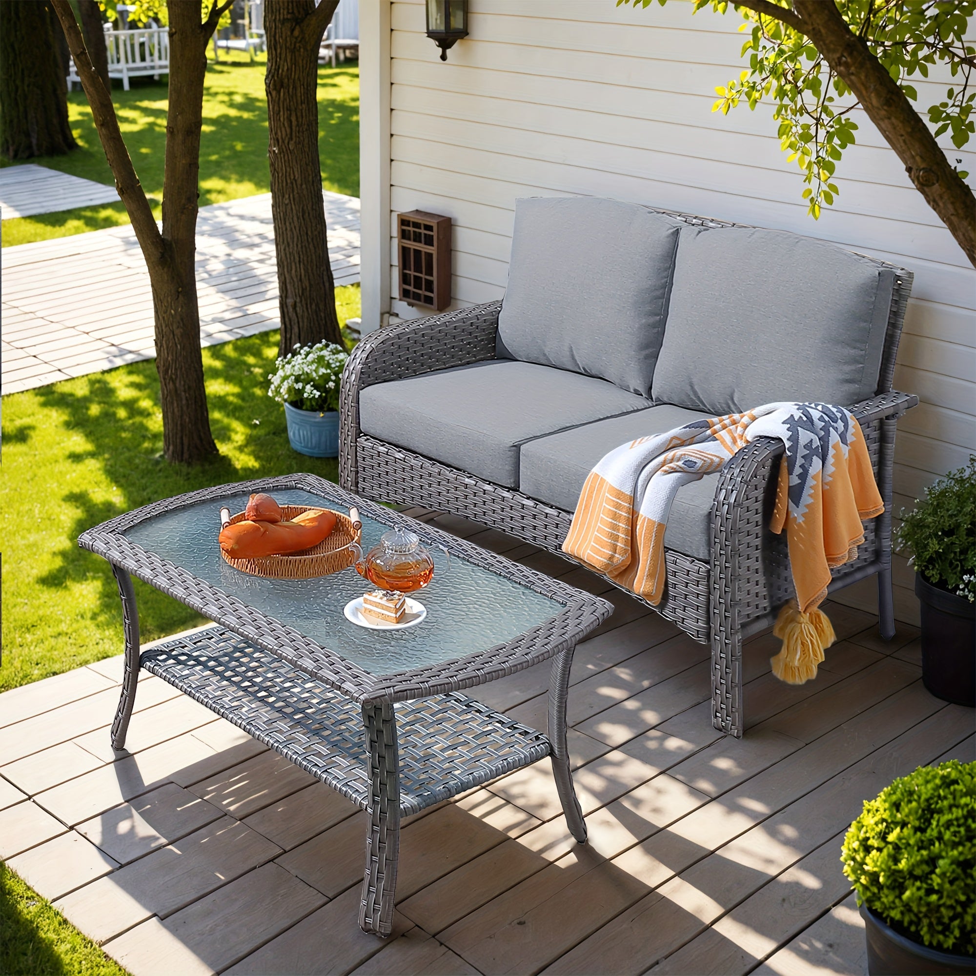Outdoor Wicker Furniture Collection: Loveseat, Swivel Rocking Chairs, Patio Chairs, Rectangular Table, And Optional Side Table. Made with PE Rattan, Suitable for Patio, Backyard, Pool, Or Garden