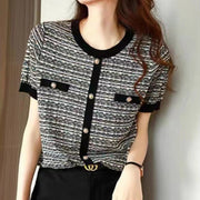 Women's Ice Silk Striped Knit Tee – Light, Loose-Fit Short Sleeve Top