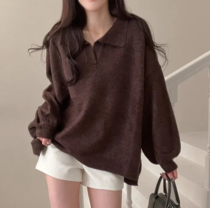 Womens Polo-neck Sweater Loose-fit Warm Mid-length Knitted Top