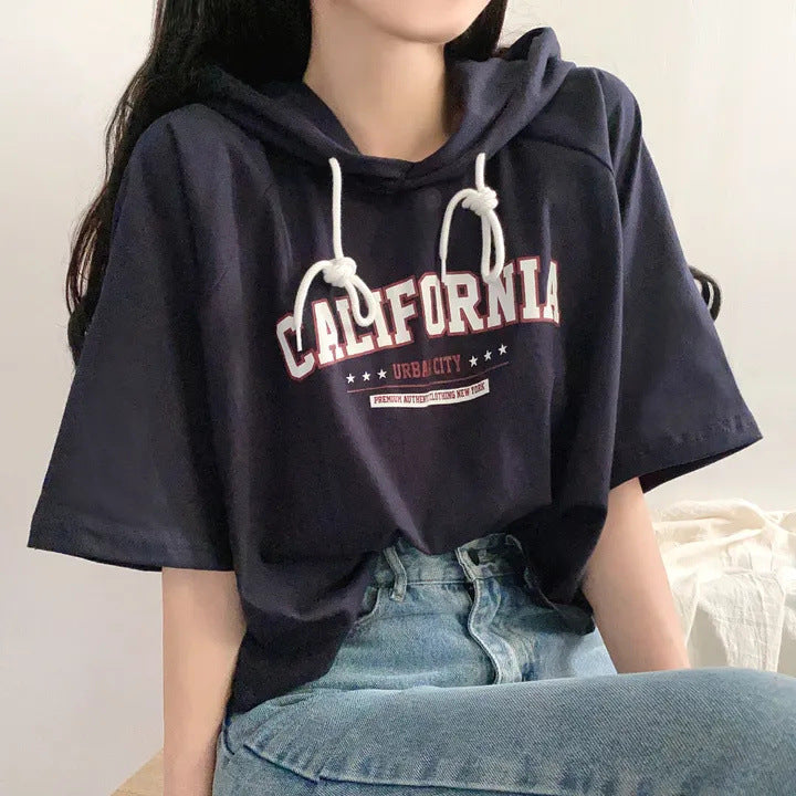 Casual Letter Print Short Sleeve Hooded Tee