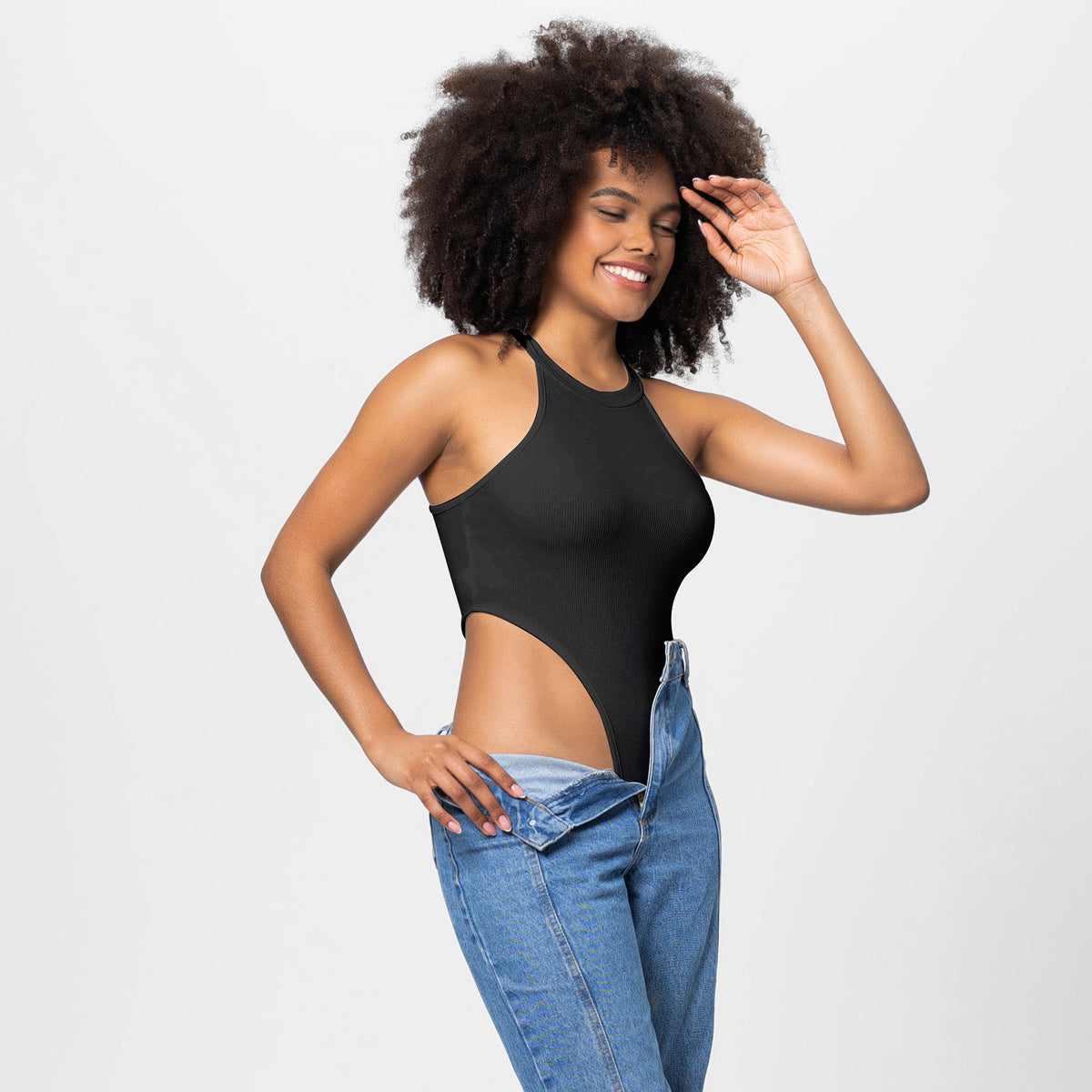 Women's High-Waist Solid Stretch Romper Jumpsuit