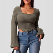 Flared Sleeve Square-Neck Top – Slim Fit, Midriff‑Baring Style