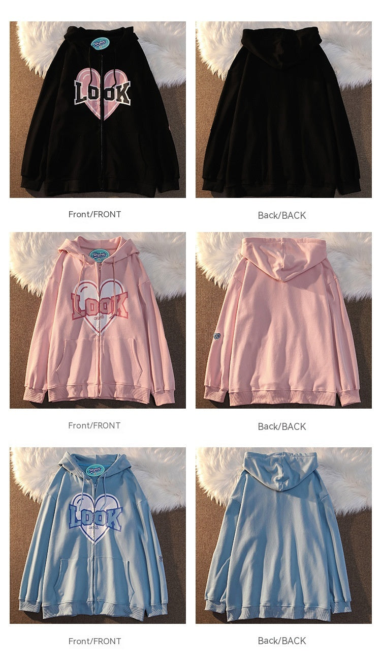 Polyester Fiber Hooded Sweater Students Korean Style Loose Design Couple Coat