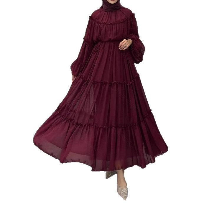 Fashionable Solid Color Soft Lace Detail Belt Long Chic and Elegant Dress