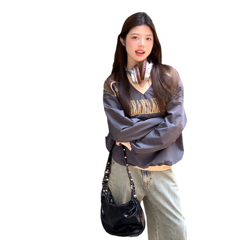 Women's American Print V-Neck Loose Casual Top