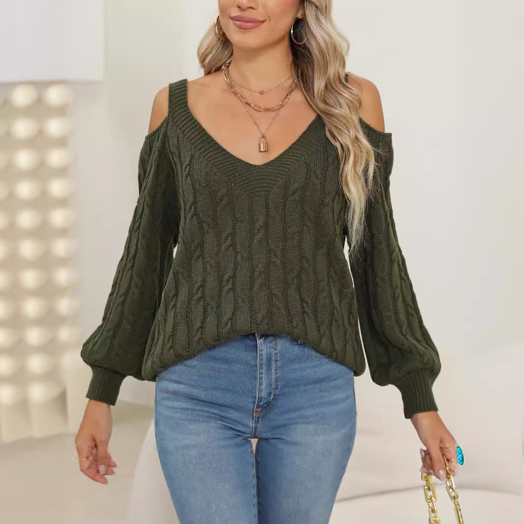 Womens Deep-v Sexy Off-shoulder Loose-fit Sweater