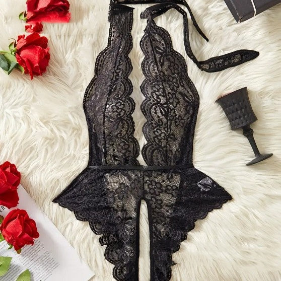 Lace Deep V-Neck Open-Crotch Teddy Bodysuit with Straps