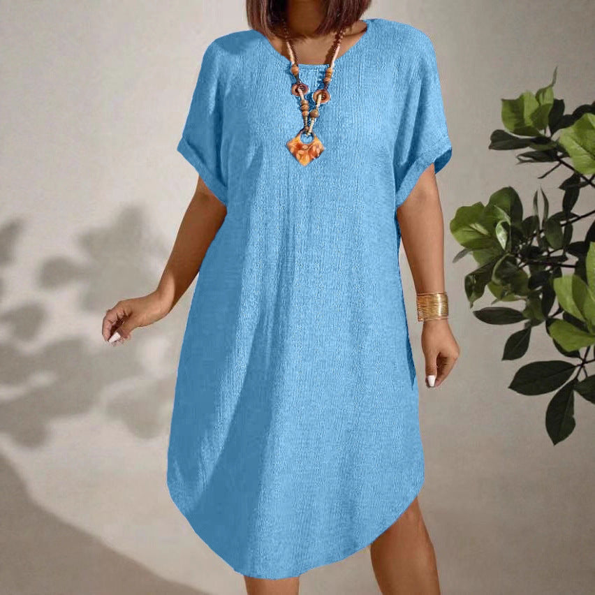 Womens Solid-color Loose-fitting Casual Round-neck Dress