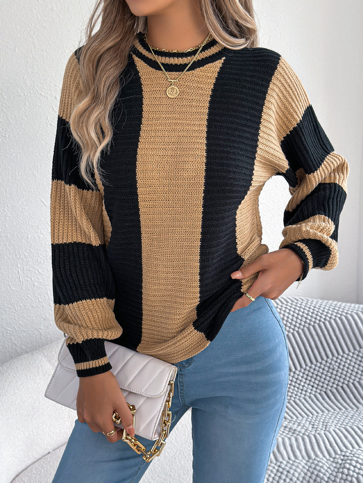 Women Casual Color Block Stripe Lantern Sleeve Pullover Sweater