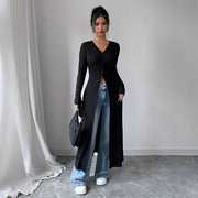 European And American Solid Color Long Button Cardigan Slim Fit Slimming Top Women