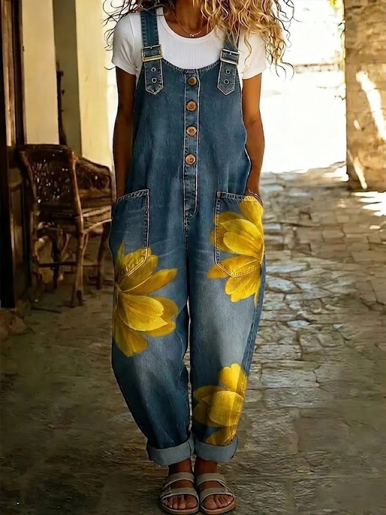 Floral Print Sleeveless Denim-Style Jumpsuit