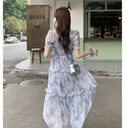 Afternoon Tea Dress with Bubble Sleeves and Floral Print